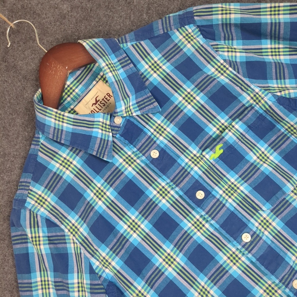 Hollister Mens Medium Blue Green Plaid Long Sleeve Button Up Shirt Cotton Logo